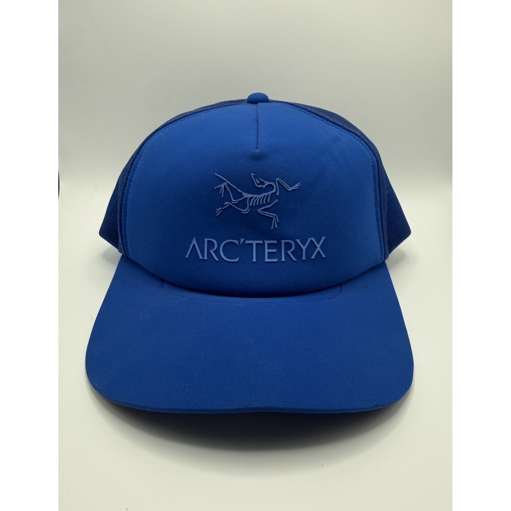 Arcteryx Bird Spellout Logo Flat Brim Trucker Hat Blue Snapback Ripstop Mesh